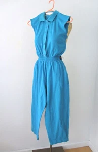 Vtg 80s New Wave Peacock Blue Sweatshirt Knit Harem Jumpsuit Polo Top Pockets S - Picture 1 of 6