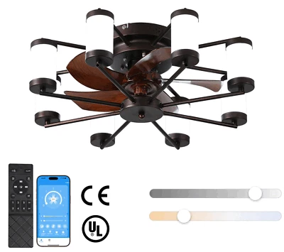 22" Retro Brown Flush Mount Windmill Ceiling Fan Light with Remote & APP Control - Image 1 of 4