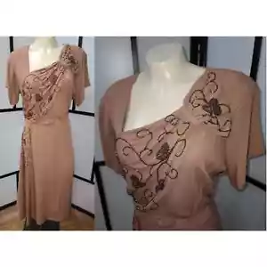 Vintage 40s Mocha Rayon Crepe Dress Elaborate Copper Glass Beadin Mid Century XL - Picture 1 of 10