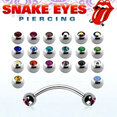 16G Double Gem Surgical Steel Curved Barbell Tongue Snake-Eyes Piercing - Image 1 of 2