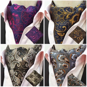 Men Paisley Floral Cravat Ascot Scarf Pocket Square Handkerchief Wedding Set - Picture 1 of 5