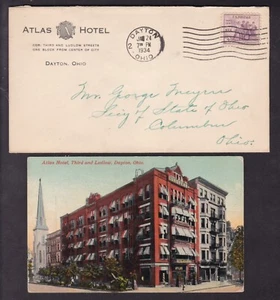 ATLAS HOTEL & POSTCARD, DAYTON, OHIO - 1934 - Picture 1 of 2
