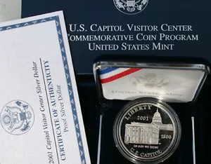 2001 P Proof US Capitol Visitor Center 90% Silver Dollar $1 Coin with Box + COA - Picture 1 of 3