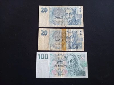 CZECH REPUBLIC 2x 20 (1994) + 100 KORUN (1997) Banknote - Circulated / Damaged - Image 1 of 2
