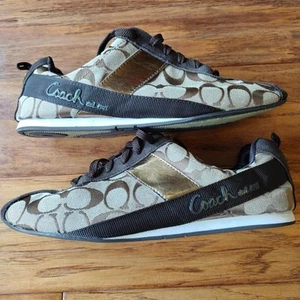 Zapatilla deportiva Coach Hadley de moda caqui logotipo de firma marrón gamuza cuero dorado 10M - Imagen 1 de 10