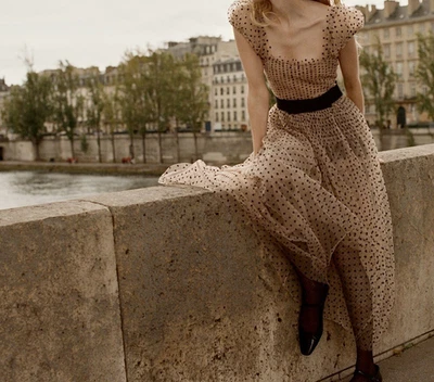 Doen Pamelina Maxi Dress Flocked Dot Ruffle Sheer Smocked Cocktail S NWD 279042 - Image 1 of 4