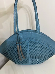 Bolso de Mano Patricia Nash Cuero Perforado Trope Dome Cartera Azul Hierba Nuevo - Imagen 1 de 7