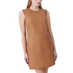 Mini Vestido Cuero Genuino Tostado Sin Mangas, Leatherviz Personalizado MiniVestido a Medida - Imagen 1 de 6