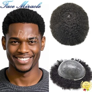 Full PU Afro Toupee for Black Men Kinky Curly Human Hair System Mens Toupee Wigs - Picture 1 of 26