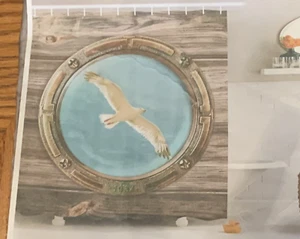 Bath Shower Curtain Seagull Blue Brown Boat Porthole Ocean Nautical Sea Fabric - Picture 1 of 4
