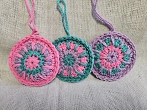 Handmade Crochet Christmas Ornaments Round Set Of 3 Pink, Purple, Teal - Picture 1 of 3