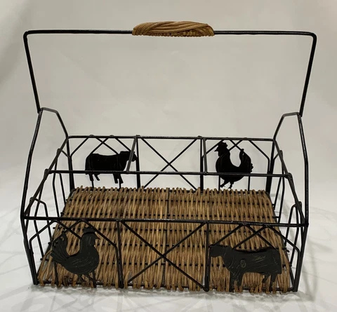 Rustic Country Farmhouse Metal/Wicker Condiment/Service Basket Chickens & Cows Cover