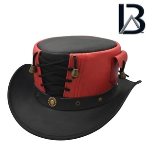 Red & Black Corset Leather Hat Leather Top Hat Steampunk Gothic Victorian Hat - Picture 1 of 4