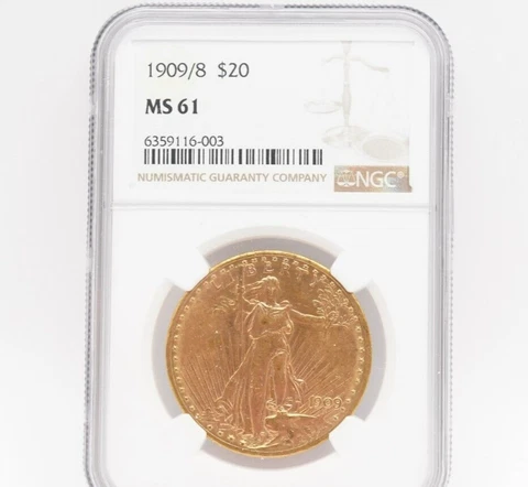 1909/8 St. Gaudens $20 Gold Piece - NGC MS 61 Cover