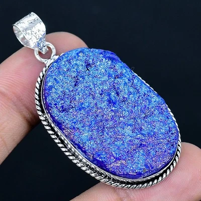 Colgante hecho a mano enchapado en plata 925 druzy de titanio púrpura de 2,13" Foto 1 de 3