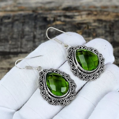 Peridot Gemstone Dangle Earring 925 Sterling Silver Handmade Jewelry For Gift - Image 1 of 4
