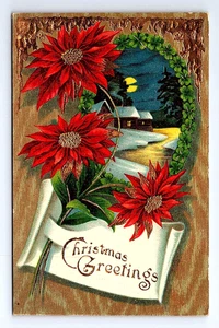 C1910 Vintage Gel Christmas Postcard, Poinsettia's w/ Farm Scene - Picture 1 of 2