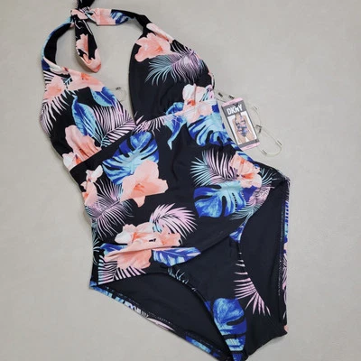 New DKNY Swimsuit Halter Shirred Waist Island Tropical Black Coral Small Lined  - Image 1 of 4