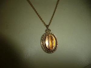 SARAH COV PENDANT GOLD FRAMED BROWN CENTER STONE ON CHAIN NECKLACE #28/24 - Picture 1 of 8