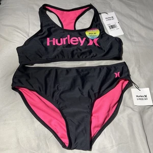 Hurley Big Girl's Size XL 16 2 Pc Bikini Swimsuit Active Black Pink NWT - Picture 1 of 6