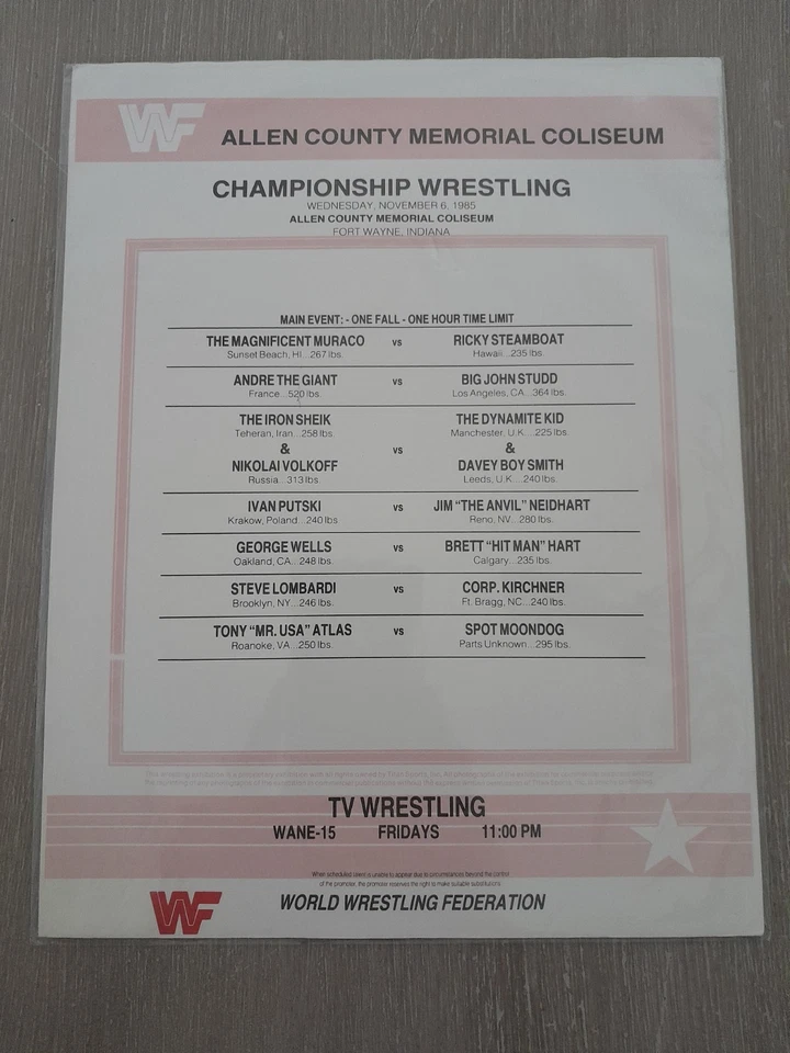 6 ноября 1985 World Wrestling Federation WWF матч карта Форт Уэйн - Изображение 1 из 1