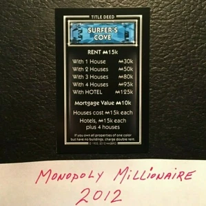 Monopoly  Millionaire  SURFERS COVE   Title Deed Card   2012 - Picture 1 of 4