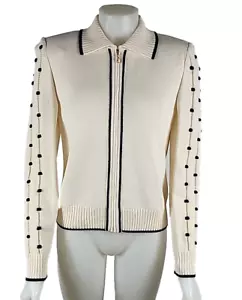 NWT - St John Cream Black Full Zip Wool Blend Cardigan Sweater Sz 6 - Picture 1 of 7
