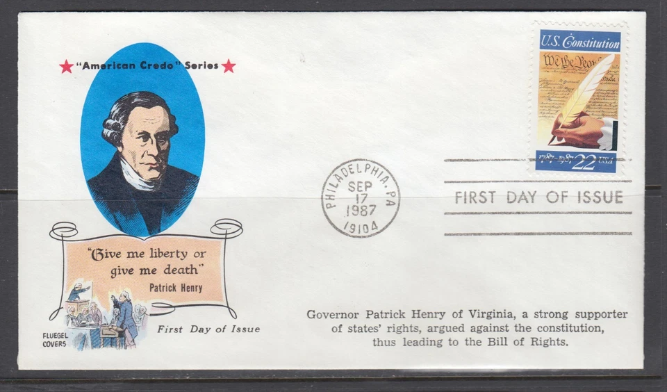 US Sc 2360 FDC. 1987 22c US Constitution, Fluegel Patrick Henry cachet, fresh - Image 1 of 1