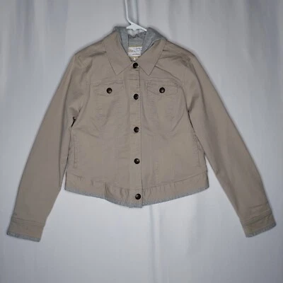 Chaqueta corta Aventura para mujer grande beige lona orgánica cuello con botones capucha bolsillo Foto 1 de 4
