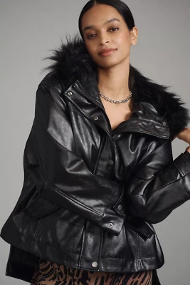 NWT ANTHROPOLOGIE PILCRO FAUX LEATHER FUR HOODED JACKET COAT BLACK XL Gorgeous!! - Image 1 of 4