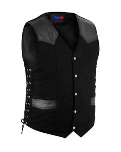 Men Black Denim Vest Concealed Carry Pocket-Laced Classic Biker Waistcoat Rider - Picture 1 of 4