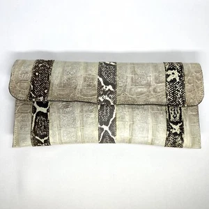 VTG Faux Croc Snakeskin Striped Leather Clutch Reptile Hard Handbag Purse Taupe - Picture 1 of 10