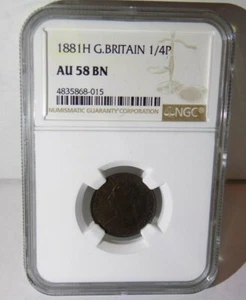 GREAT BRITAIN 1881H FARTHING 1/4P UK NGC AU58 BN AU 58 Certified Graded Coin - Picture 1 of 6