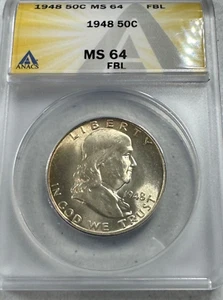 1948 FRANKLIN US Half Dollar, MS64 by ANACS, FBL, SUPERB looking coin!!! - Picture 1 of 6