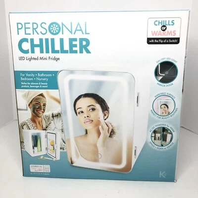 Personal Chiller LED Lighted Mini Fridge with Mirror Door Chill or Warm - White - Image 1 of 4