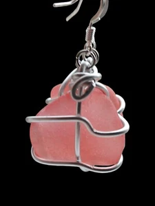 Wire Wrapped Watermelon Red sea glass Chunky dangle earrings - Picture 1 of 3