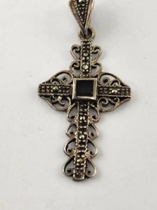 Vintage or Antique Sterling Silver Marcasite Filigree Cross With Onyx 925 Signed - Picture 1 of 6