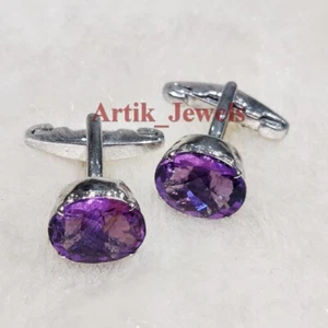 Natural Amethyst Gemstone With 14K White Gold Plated Silver Cufflink #611 - Picture 1 of 10