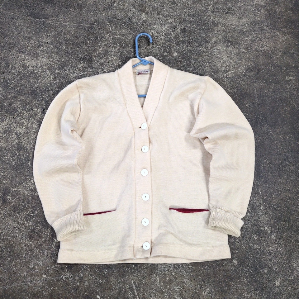 Vintage 50s Dehen Cardigan Sweater Size 40 Ivory Maroon Blank Letterman Wool - Image 1 of 4