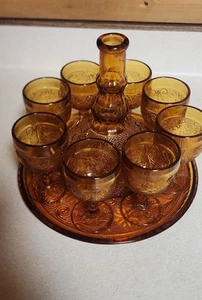 Vintage Decanter Set with Tray 8 Glasses Amber Sandwich Tiara Indiana Glass - Picture 1 of 1