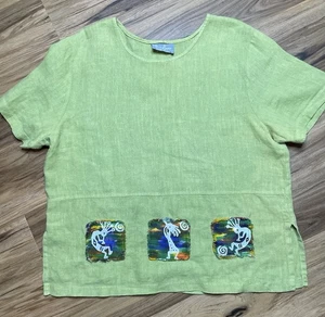 Women's Vintage Green Linen Tribal Art Lagenlook Tunic Top Blouse Size 2X - Picture 1 of 5