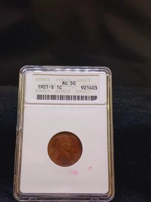1921 S ANACS AU50 Lincoln Wheat Penny Coin - Image 1 of 2