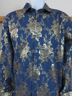 New Barabas Men's Shirt Classic Fit Long Sleeve Blue & Gold Flowers Size Large - Image 1 of 4