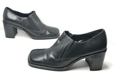 Mocasines de Tacón Grueso De Colección Cuero Negro Puntera Cuadrada Zapatos Talla 10 US Apostrophe Foto 1 de 4