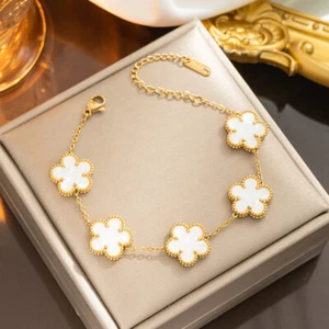 Clover Bracelet Five Leaf Double Side 18k Gold plated Waterproof Stainless Steel - Picture 1 of 11
