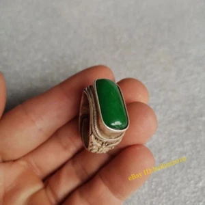 Chinesisches altes antikes tibetisches Silber eingelegt grün Achat Edelstein Ring Sammlung - Bild 1 von 3