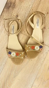 LK BENNETT BEIGE FLORAL LEATHER STRAW FLAT SANDALS SIZE UK 5 EU 38 New - Picture 1 of 4
