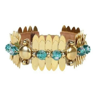 Deepa Gurnani Harlee Feather Gold Blue Cabochon Leather Bracelet Anthropologie  - Image 1 of 4