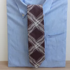 Suit Dress Tie Mens Brown White Diamond Plaid Woven Necktie Micro Zig Zag Y2K - Picture 1 of 10