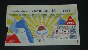BILLET LOTERIE NATIONALE 1963 COMBATTANTS PRISONNIERS CASQUE VENDREDI 13-09 - Imagen 1 de 2